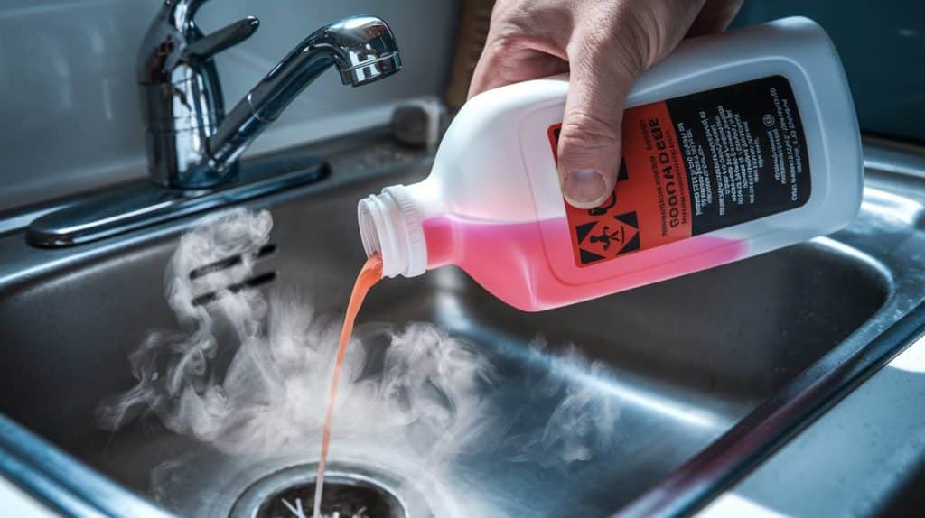 hand pouring chemical drain cleaner in a sink