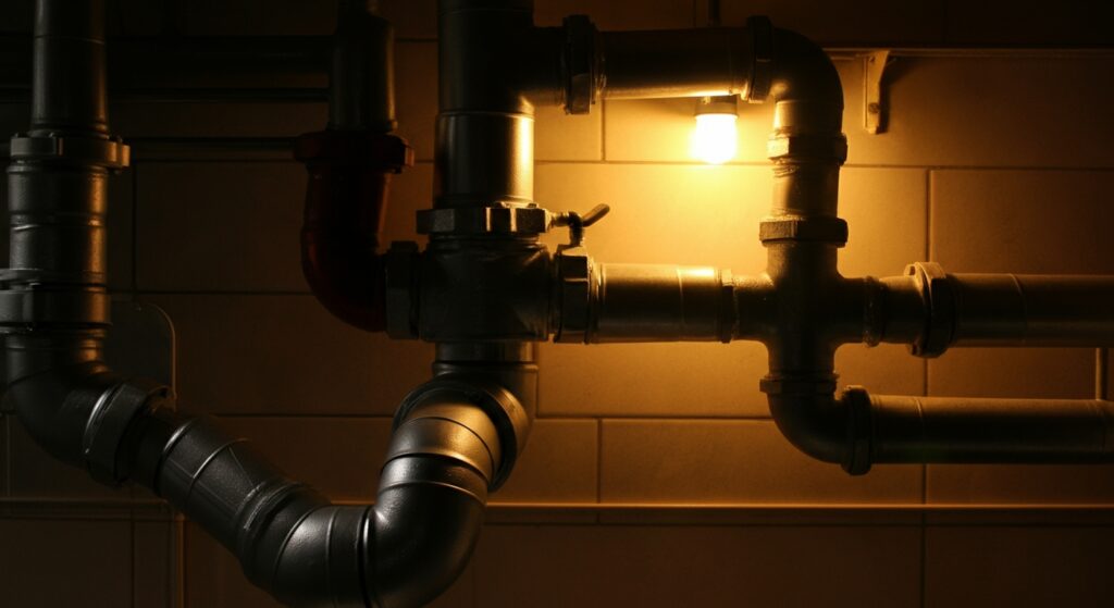 Close-up of plumbing pipes and fittings under warm light.