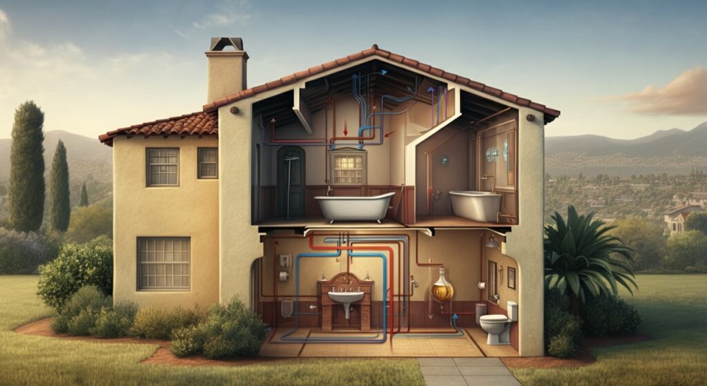Cutaway of two-story home with plumbing and vent lines.
