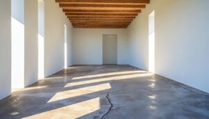 Sunlit room with visible cracks in concrete slab floor