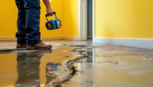 Plumber using leak detection device on cracked floor