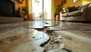 Cracked tile floor in living room showing slab leak damage