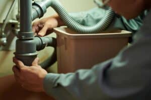 Closeup image of home service worker cleaning plastic pipe under kitchen sink