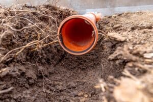 plastic pvc waste sewer pipe in the ground. High quality photo