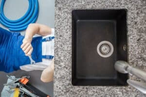 High angle of black kitchen sink and plumber repairing pipes with wrench and equipment on the floor