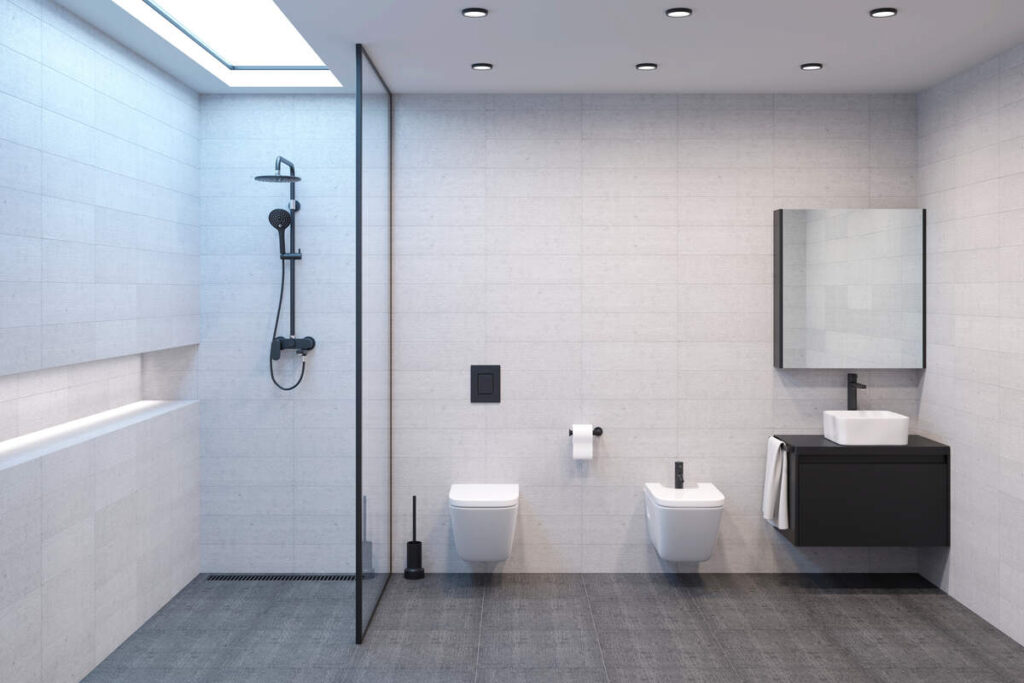 Minimalist Modern Bright Shower Room With A Daylight Lamp In The